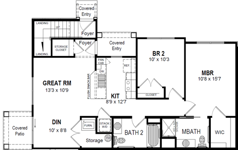 Floor plan for 2 beds, 2 baths, 989 sqft